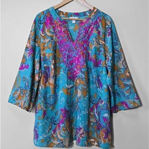 Boho Aqua Embroidered Paisley Top Cottagecore Coastal Bohemian Size‎ 20W India